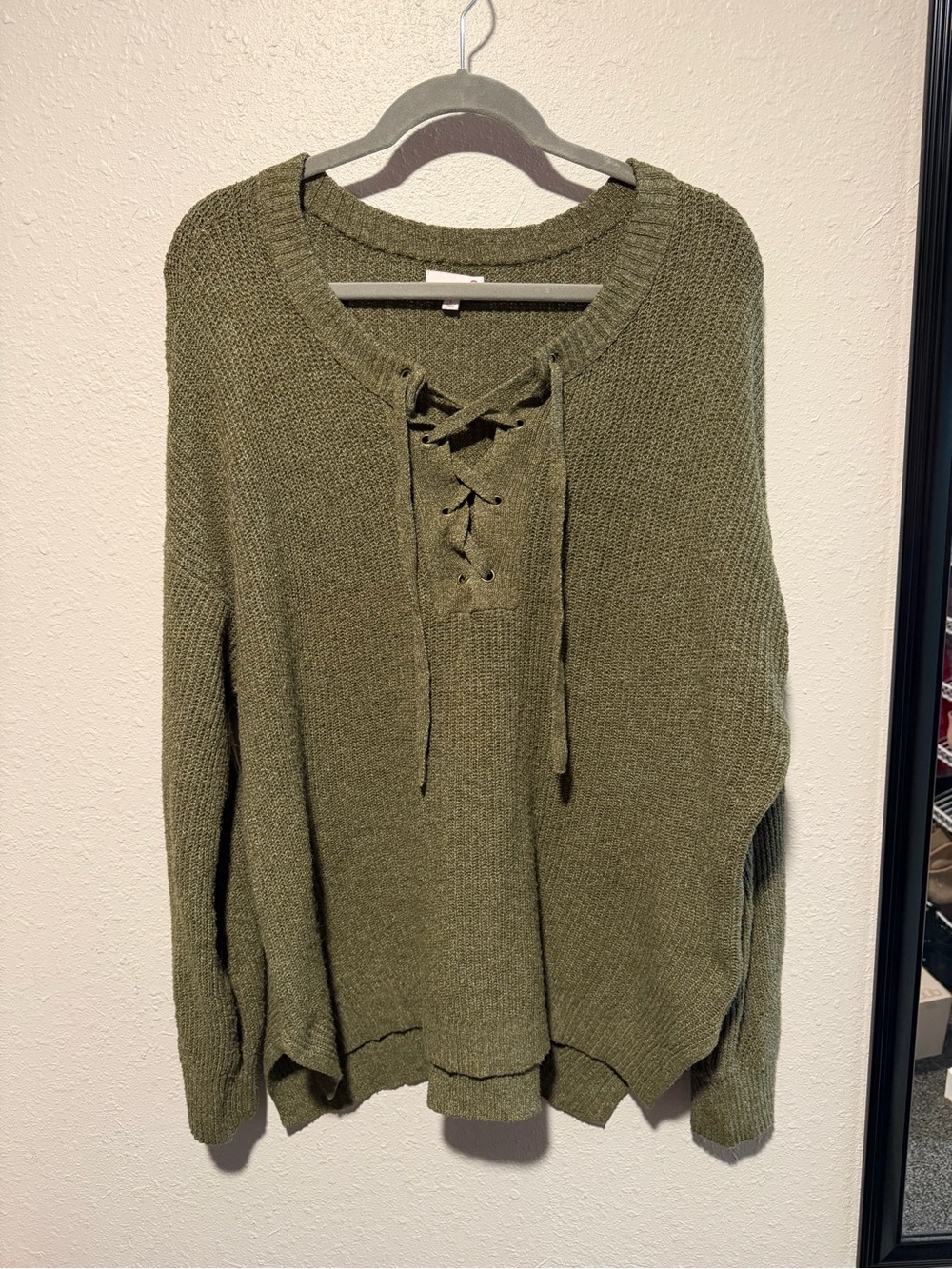 SO Olive Lace-Up V-Neck Knit Sweater